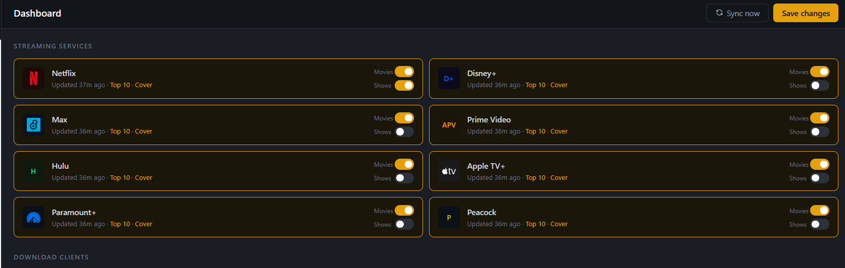 TopTenArr dashboard — streaming services with Movies and Shows toggles